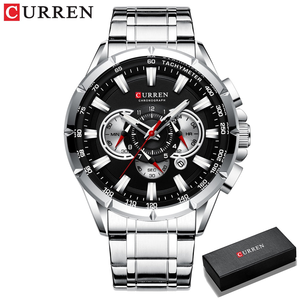CURREN New Casual Sport Chronograph Men&#39;s Watches Stainless Steel Band Wristwatch Big Dial Quartz Clock with Luminous Pointers