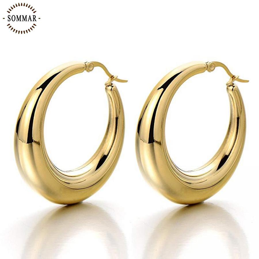 SOMMAR  Gold Vermeil 25mm steel stainless hoop earrings for women Crescent moon round women earring High Quality Jewelry