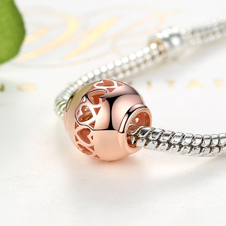 Fashion Rose Gold Tree Feather Heart Charms Beads Fit Original Bracelet Women 925 Sterling Silver Jewelry Accessories