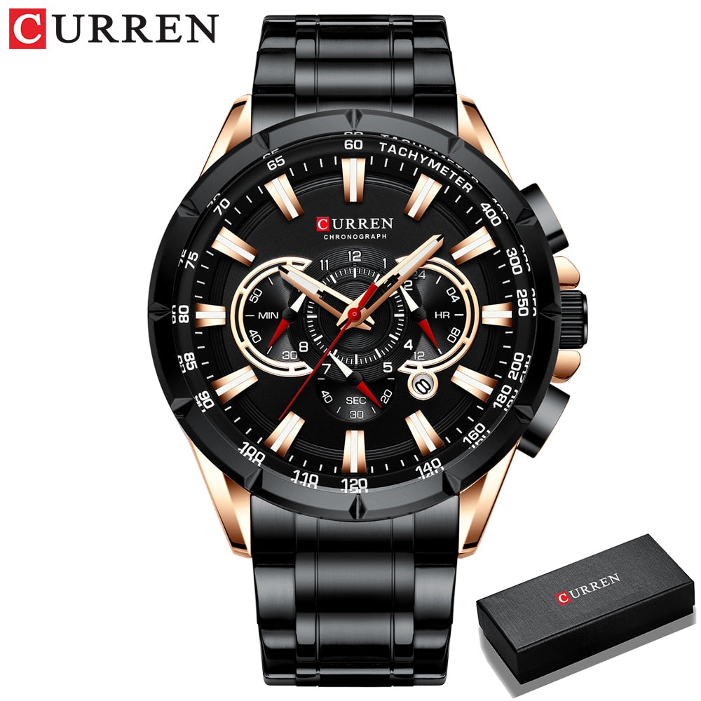 CURREN New Casual Sport Chronograph Men&#39;s Watches Stainless Steel Band Wristwatch Big Dial Quartz Clock with Luminous Pointers