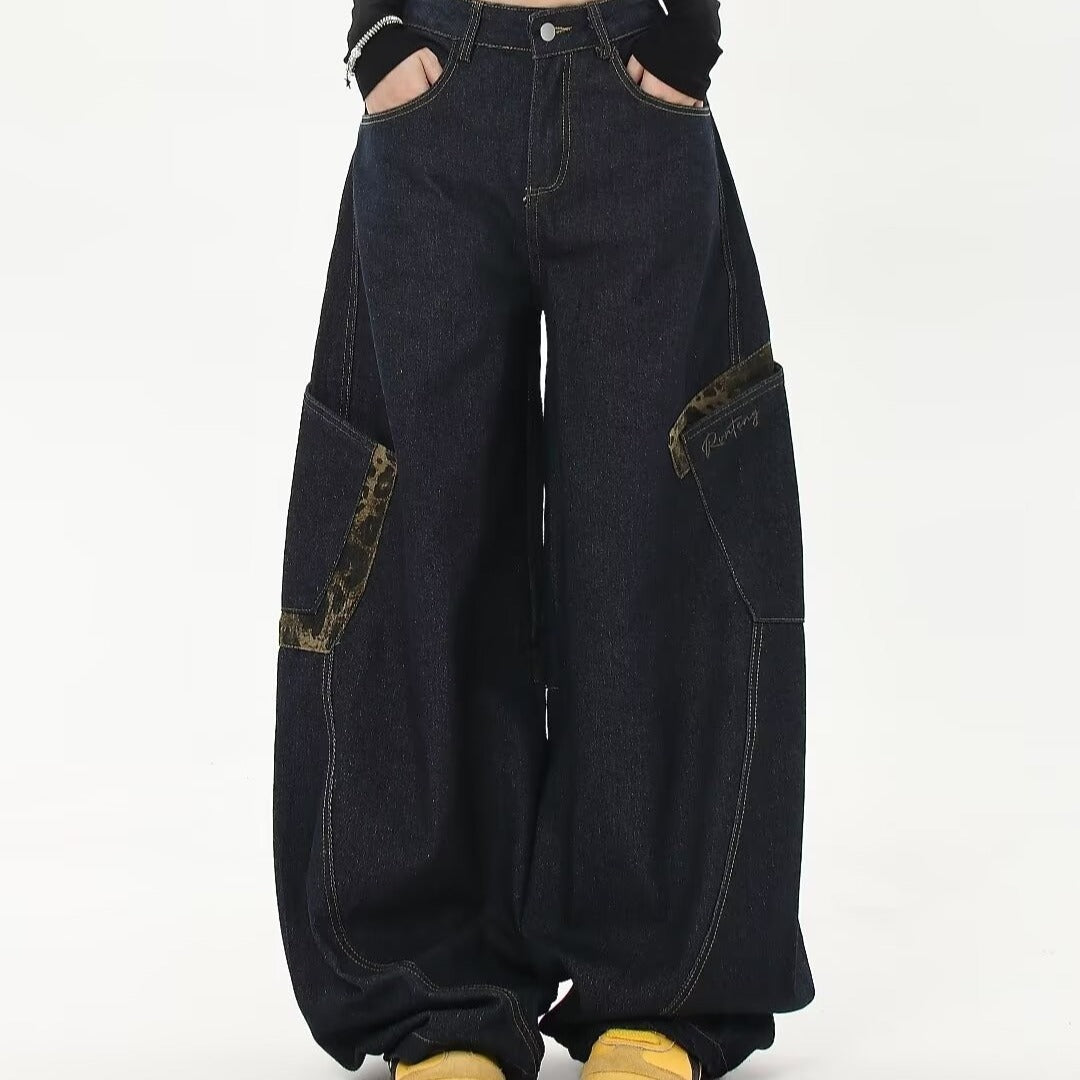 2024 spring and autumn American vintage leopard print stitching large workwear with pocket jeans men and women wide leg banana Matchet pants