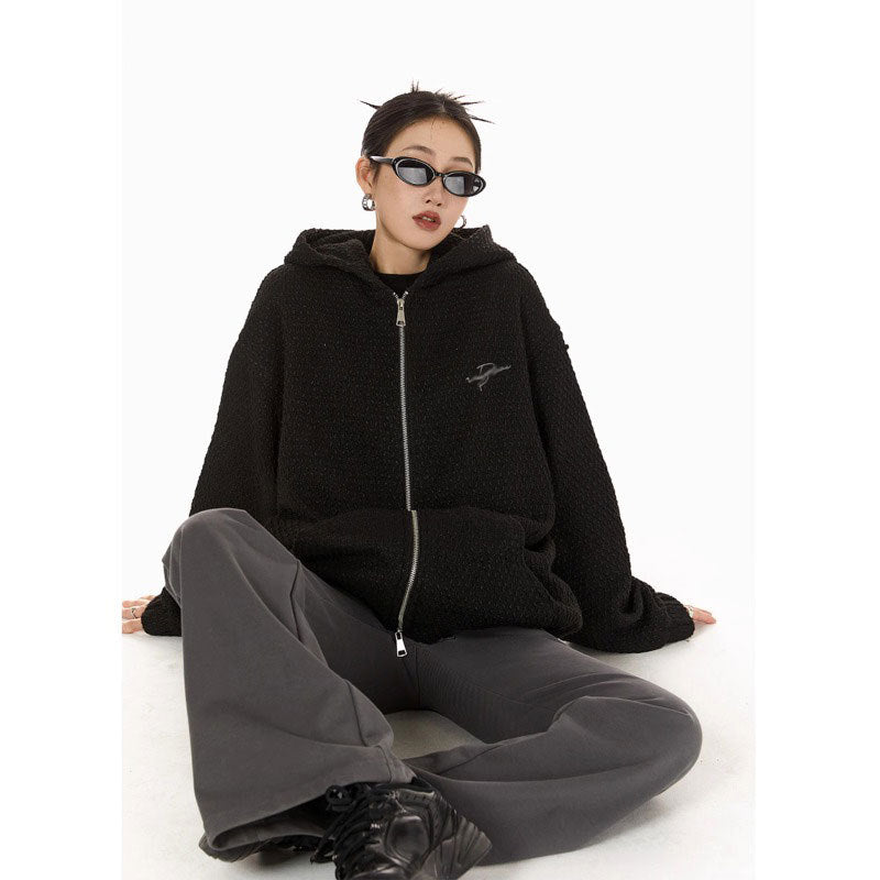 High-grade woven texture design sense sweater cardigan Women's American style 2024 hooded coat women's spring and autumn coat fashion