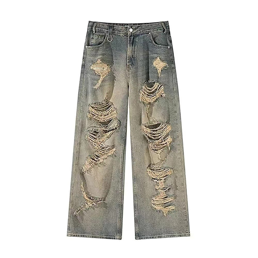 Waste soil style ripped jeans women's summer American retro blue High Street straight loose distressed wide-leg pants tide