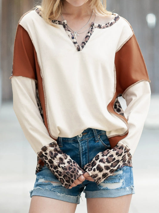 Fashion Leopard Print Stitching Long Sleeve T-shirt Women 2024 Spring & Fall New V-neck Pullover Women Casual Pullover Tops