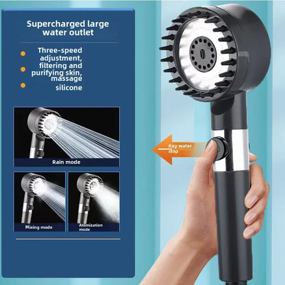 High Pressurized Filter Shower Head 3-Mode Adjustable Spray with Massage Brush Rain Faucet Bathroom Accessories