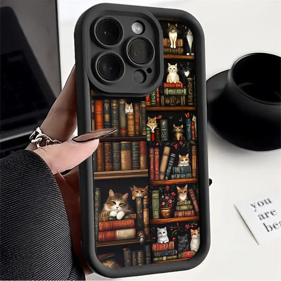 Vintage Bookshelf Kitten Phone Case for iPhone 11, 12, 13, 14, 15, and 16 Pro Max - Soft Silicone Shockproof Cover