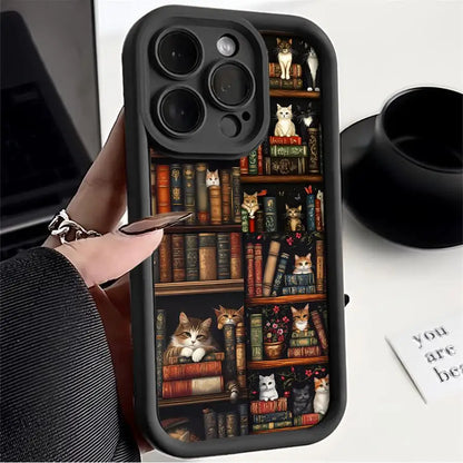 Vintage Bookshelf Kitten Phone Case for iPhone 11, 12, 13, 14, 15, and 16 Pro Max - Soft Silicone Shockproof Cover