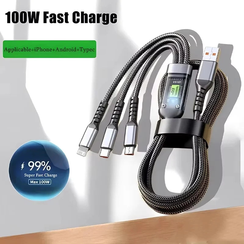 3 in 1 100W Transparent Pilot Lamp Super Fast Charging Cable Universal with Type C Usb Micro for Iphone Samsung Huawei Xiaomi 6A