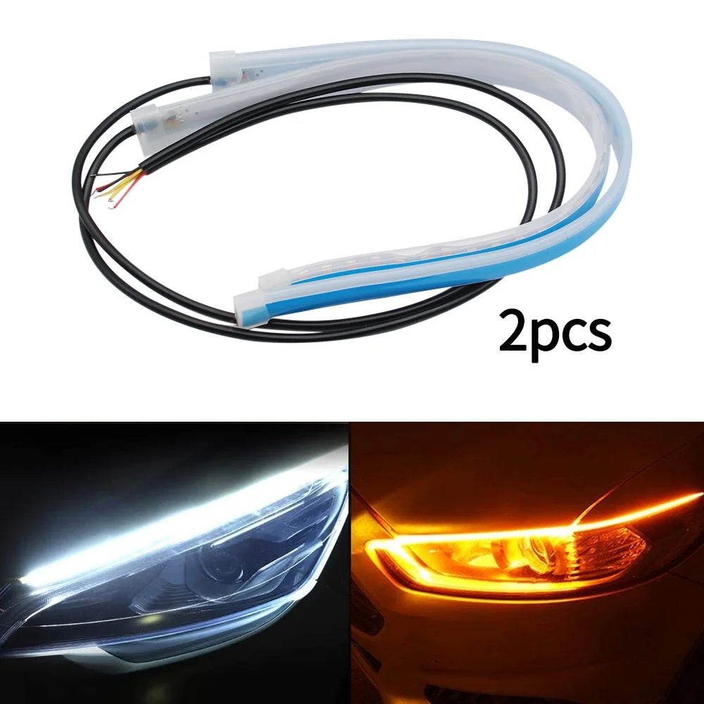 2Pcs 12V LED DRL Car Daytime Running Light Flexible Waterproof Strip Auto Headlights White Turn Signal Yellow Brake Flow Lights