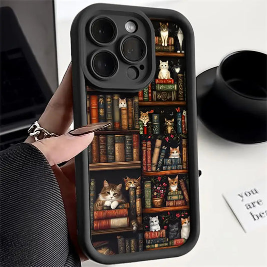 Vintage Bookshelf Kitten Phone Case for iPhone 11, 12, 13, 14, 15, and 16 Pro Max - Soft Silicone Shockproof Cover