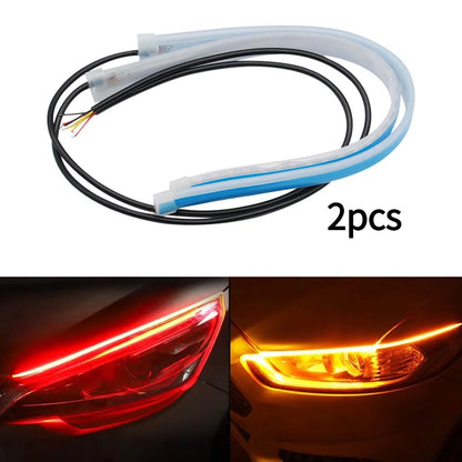 2Pcs 12V LED DRL Car Daytime Running Light Flexible Waterproof Strip Auto Headlights White Turn Signal Yellow Brake Flow Lights