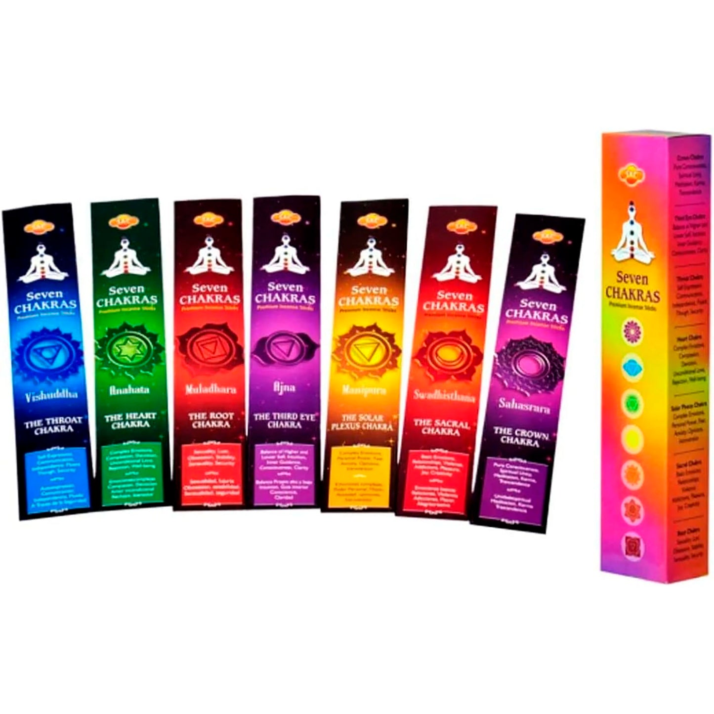 Original incense SAC Seven Chakras Crown third party Throat heart Solar Plexus Sacral and Root made in INDIA 30 sticks or 360 in box Premium quality intense Aroma 7 Archangels unique in Spain