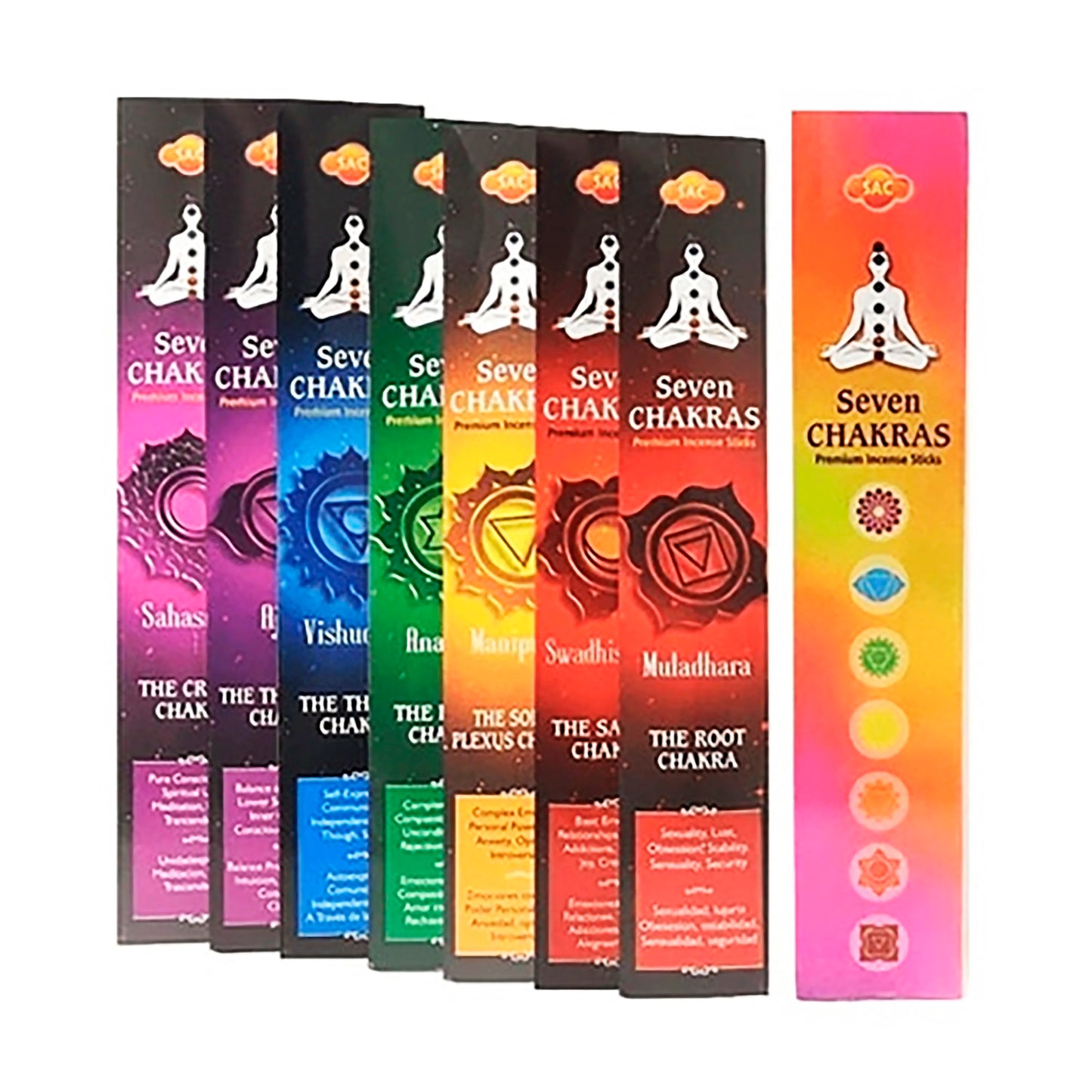 Original incense SAC Seven Chakras Crown third party Throat heart Solar Plexus Sacral and Root made in INDIA 30 sticks or 360 in box Premium quality intense Aroma 7 Archangels unique in Spain