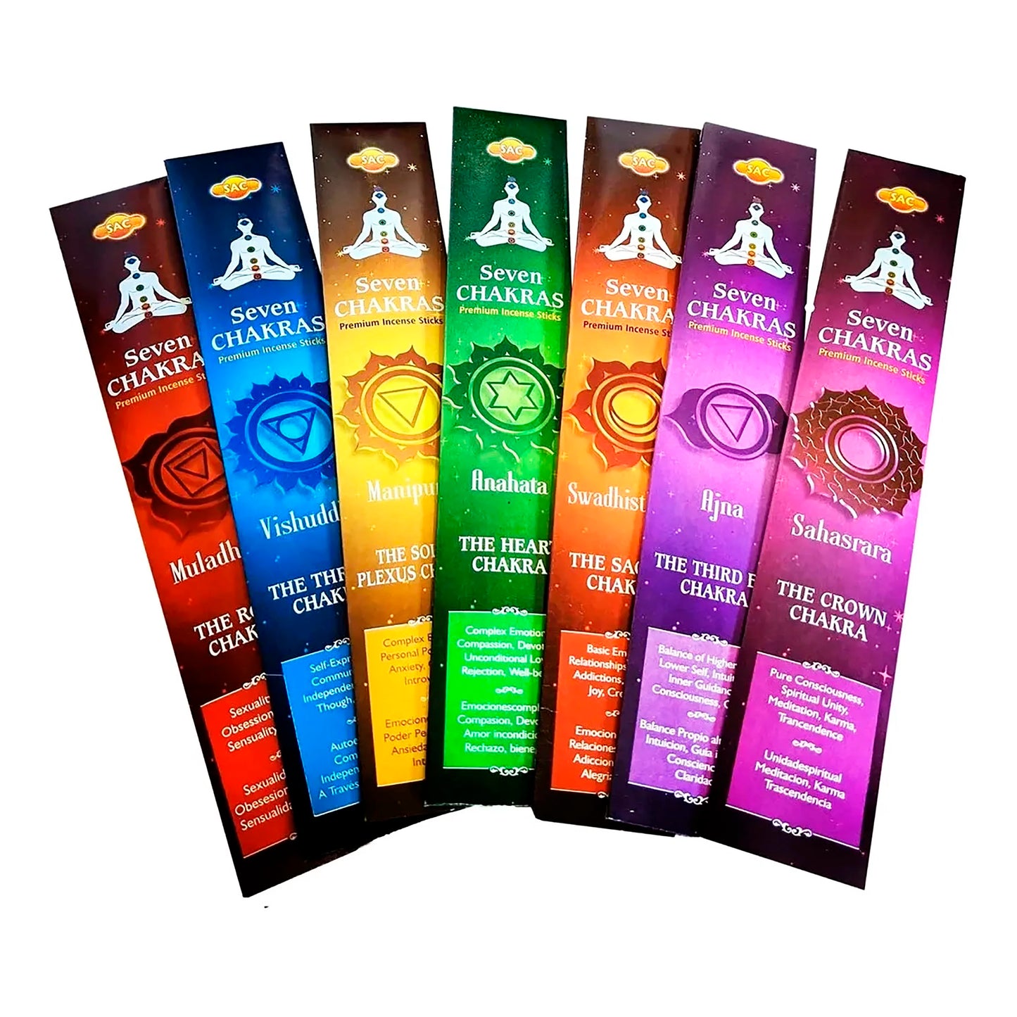 Original incense SAC Seven Chakras Crown third party Throat heart Solar Plexus Sacral and Root made in INDIA 30 sticks or 360 in box Premium quality intense Aroma 7 Archangels unique in Spain