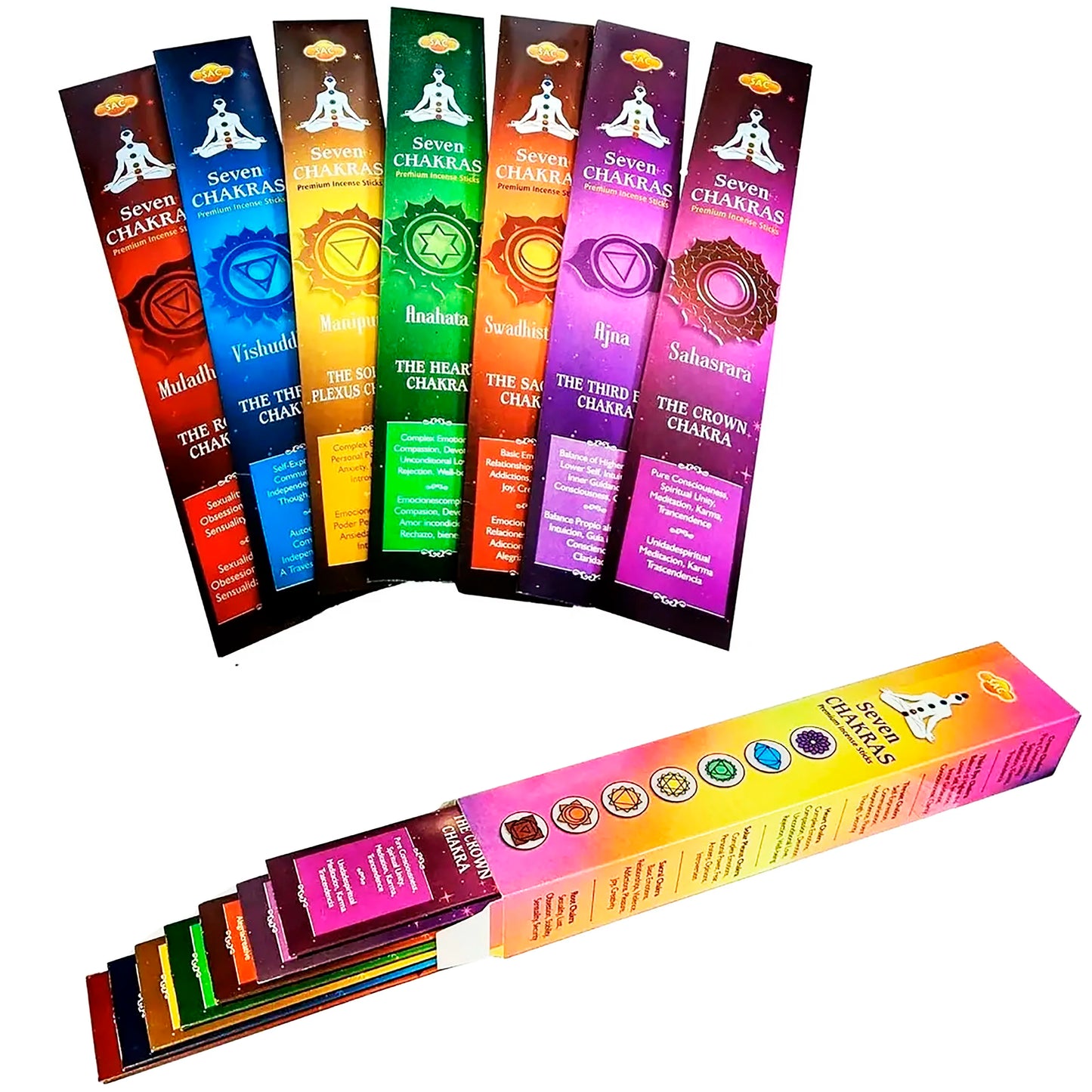 Original incense SAC Seven Chakras Crown third party Throat heart Solar Plexus Sacral and Root made in INDIA 30 sticks or 360 in box Premium quality intense Aroma 7 Archangels unique in Spain