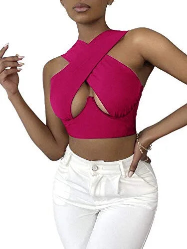 Sexy Women Criss Cross Tank Vest Close-fitting Halter Neck Cutout Front Hollow Out Solid Color/Printed Sleeveless Crop Top S-3XL