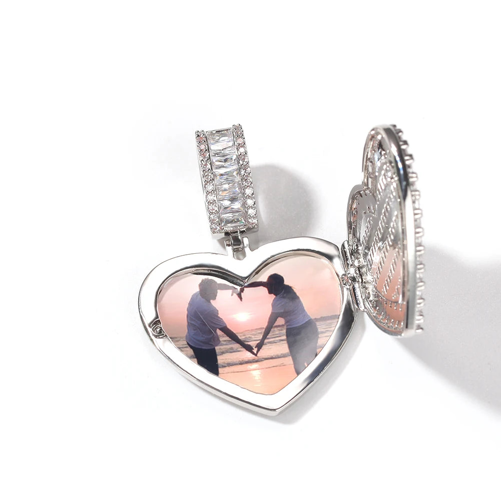 THE BLING KING Large Size Heart Shape Custom Photo Locket Frame Pendant Tennis Memory Jewelry For Couple Valentine's Day Gift