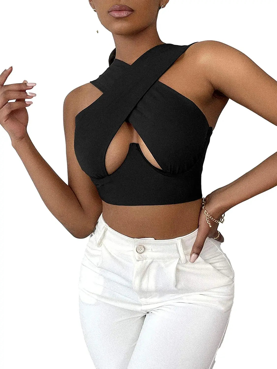 Sexy Women Criss Cross Tank Vest Close-fitting Halter Neck Cutout Front Hollow Out Solid Color/Printed Sleeveless Crop Top S-3XL