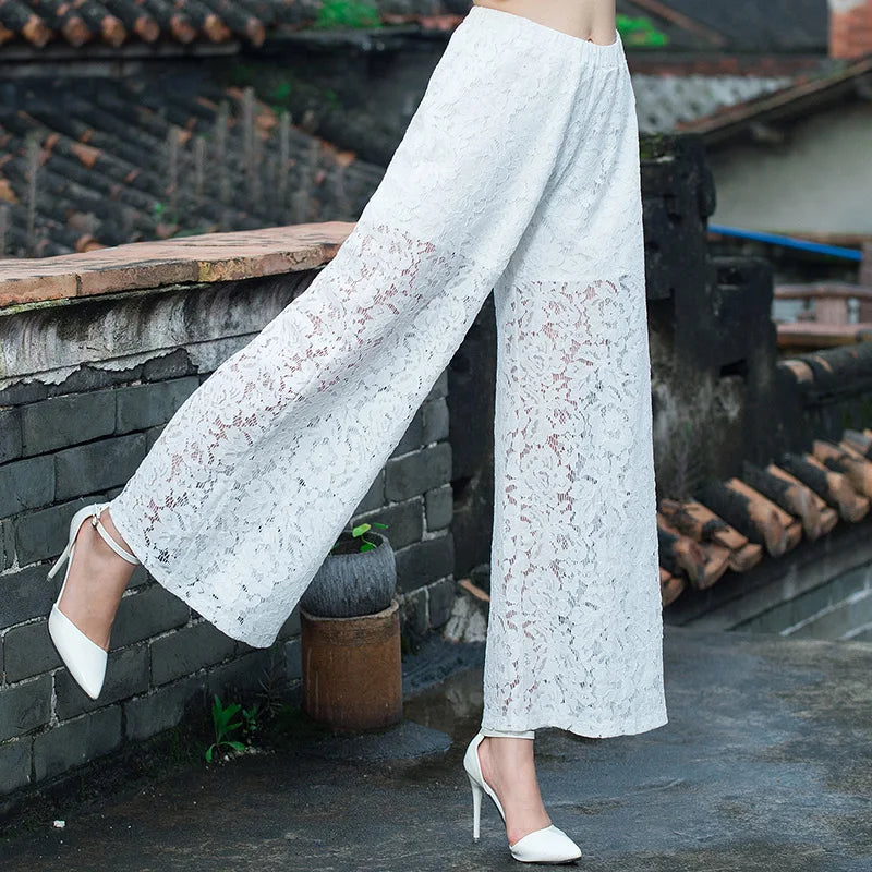 Fashion Women's Wide-leg Pants 2023 Spring Summer New High Waist Lace Cutout Casual Straight Pants White Black Women Trousers