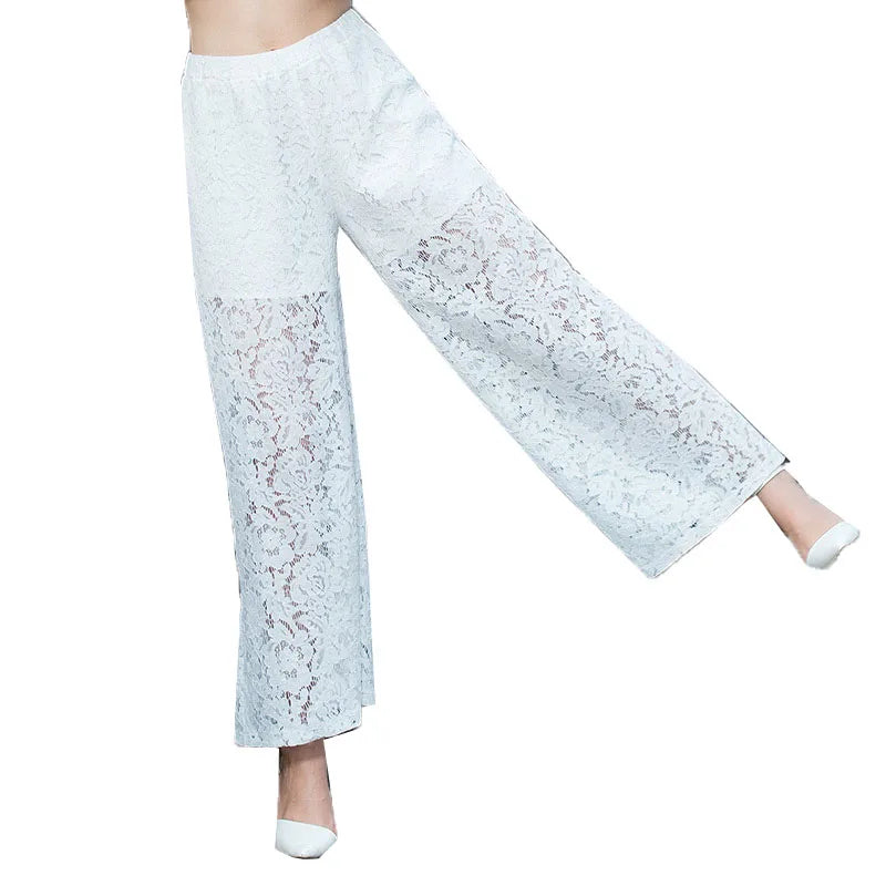 Fashion Women's Wide-leg Pants 2023 Spring Summer New High Waist Lace Cutout Casual Straight Pants White Black Women Trousers