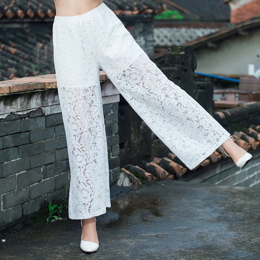 Fashion Women's Wide-leg Pants 2023 Spring Summer New High Waist Lace Cutout Casual Straight Pants White Black Women Trousers