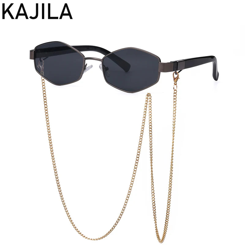 Sexy Small Frame Hexagon Sunglasses Women With Chain 2024 Luxury Brand Designer Punk Sun Glasses For Ladies Shades Gafas De Sol