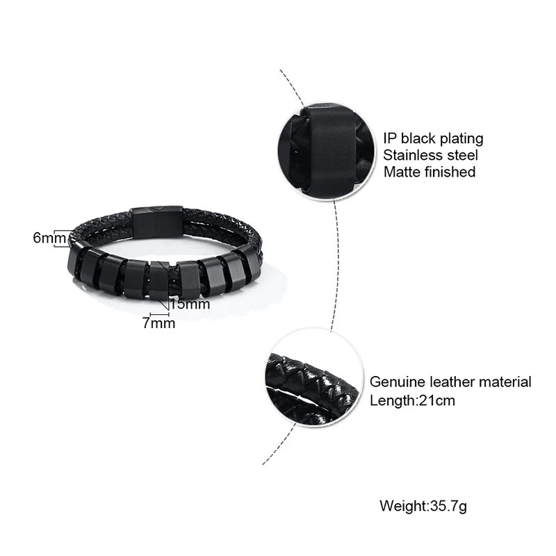 Vnox Personalized Men's Black Plaited Leather Bracelets Free Custom Made with Charm Beads Family Names Inspirational Jewelry