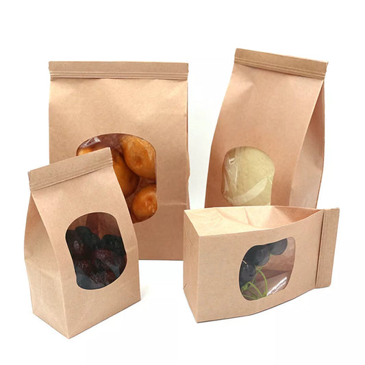 50Pcs Bakery Bags with Clear Window Sealing Grease Proof Kraft Paper Bag for Food Snacks Cookie Coffee Kitchen Accessories