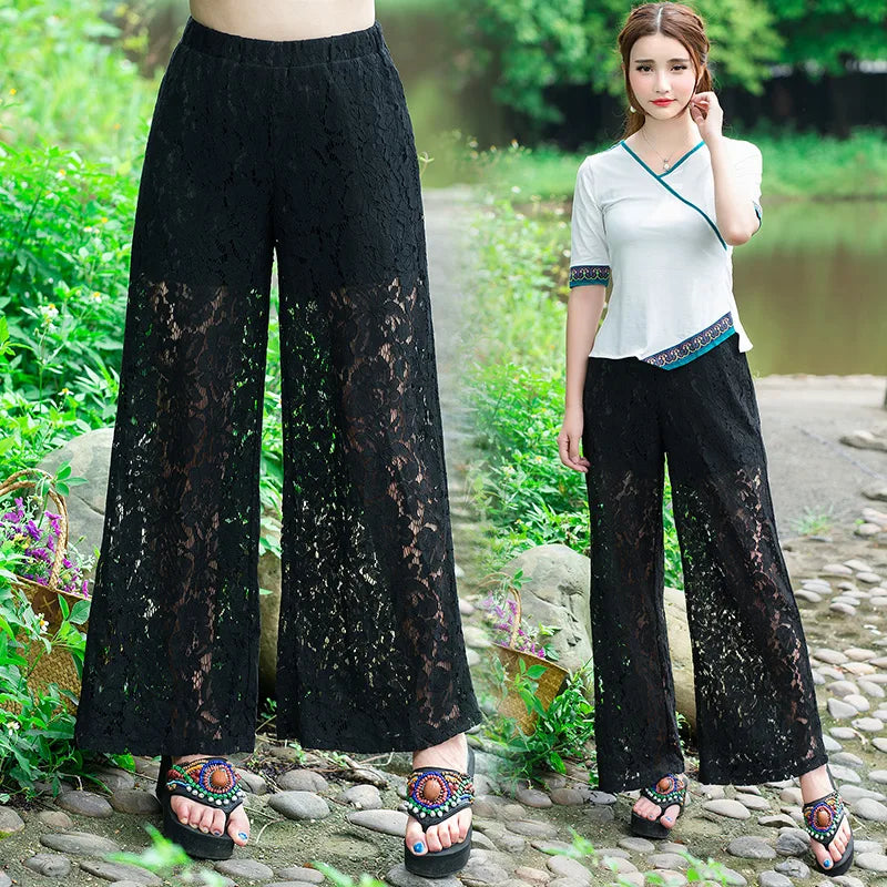 Fashion Women's Wide-leg Pants 2023 Spring Summer New High Waist Lace Cutout Casual Straight Pants White Black Women Trousers