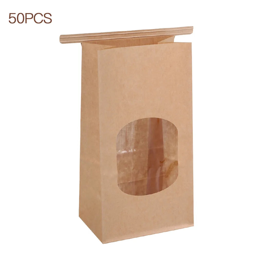 50Pcs Bakery Bags with Clear Window Sealing Grease Proof Kraft Paper Bag for Food Snacks Cookie Coffee Kitchen Accessories