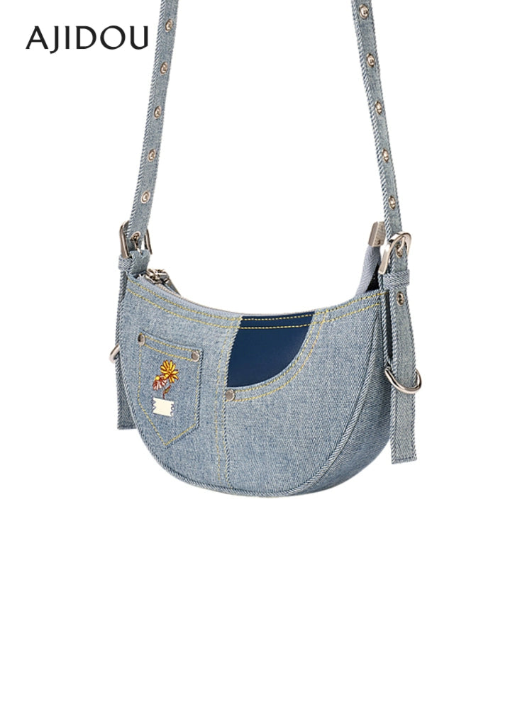 Ajidou Denim Patchwork Retro Crossbody Bag