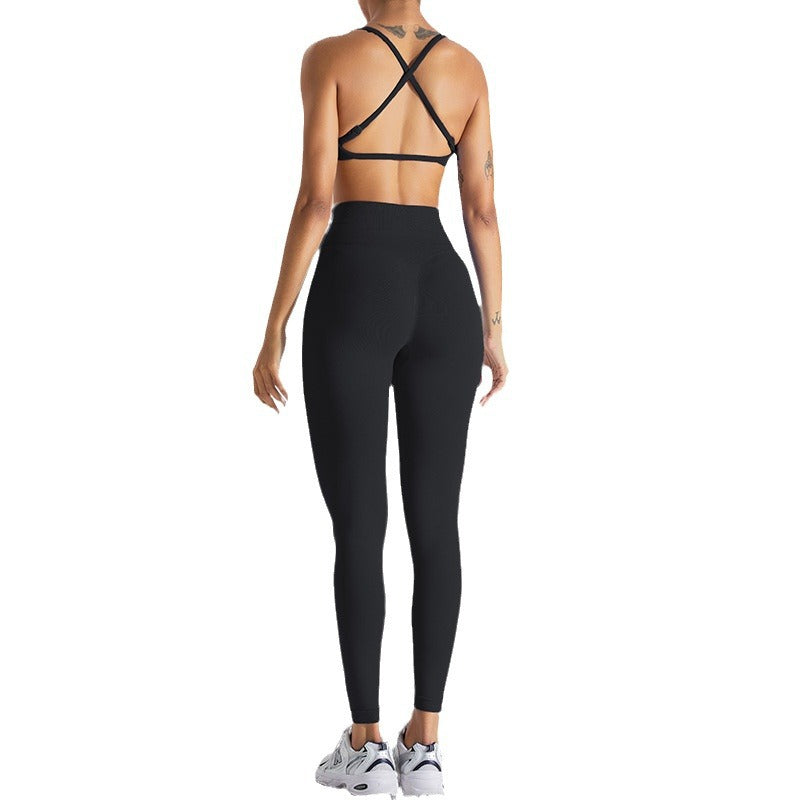 European and American seamless beauty back yoga clothes suit women's outdoor running skinny yoga pants quick-drying sports fitness clothes suit