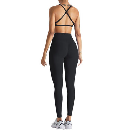 European and American seamless beauty back yoga clothes suit women's outdoor running skinny yoga pants quick-drying sports fitness clothes suit