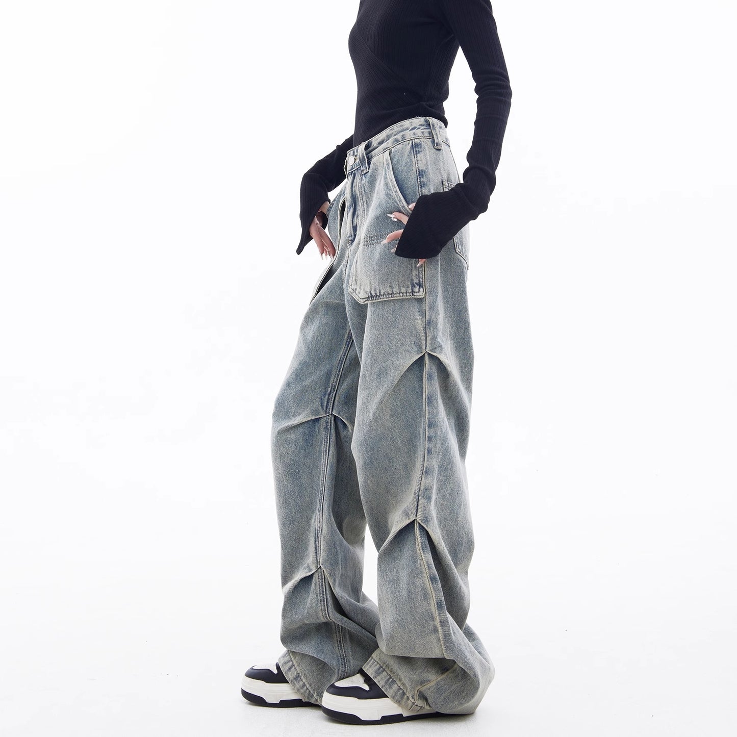 American workwear jeans for women 2024 Spring and Autumn New High waist retro loose design wide leg high street pants