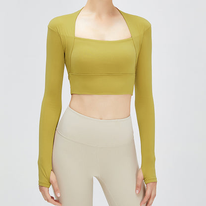 Autumn nude feel shawl fake two-piece yoga clothes long-sleeved women's outdoor sports T-shirt top running shock absorption workout clothes