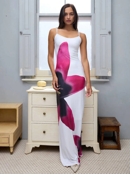 Foreign trade boutique summer sexy suspender skirt digital printing slim high waist sheath fashion beach travel dress