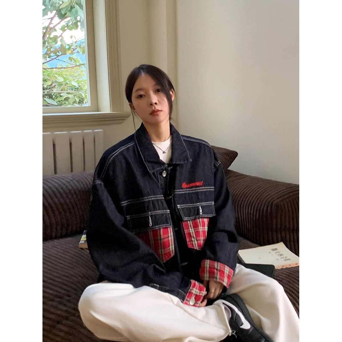 American plaid pocket patchwork denim jacket women's 2024 Spring and Autumn New loose leisure workwear jacket top