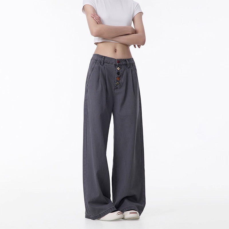 Summer new American style distressed design button workwear casual pants women's loose straight ruffle handsome wide-leg pants