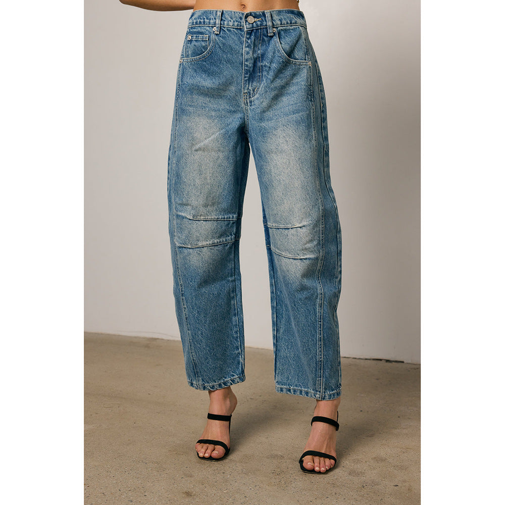 2025 new European and American Vintage trendy casual straight jeans women's loose all-matching design wide-leg pants