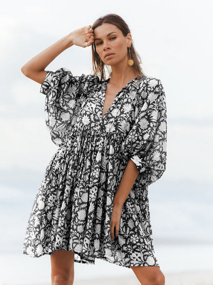 Amazon hot vacation style dress loose casual print short skirt high waist lace-up floral skirt beachwear women