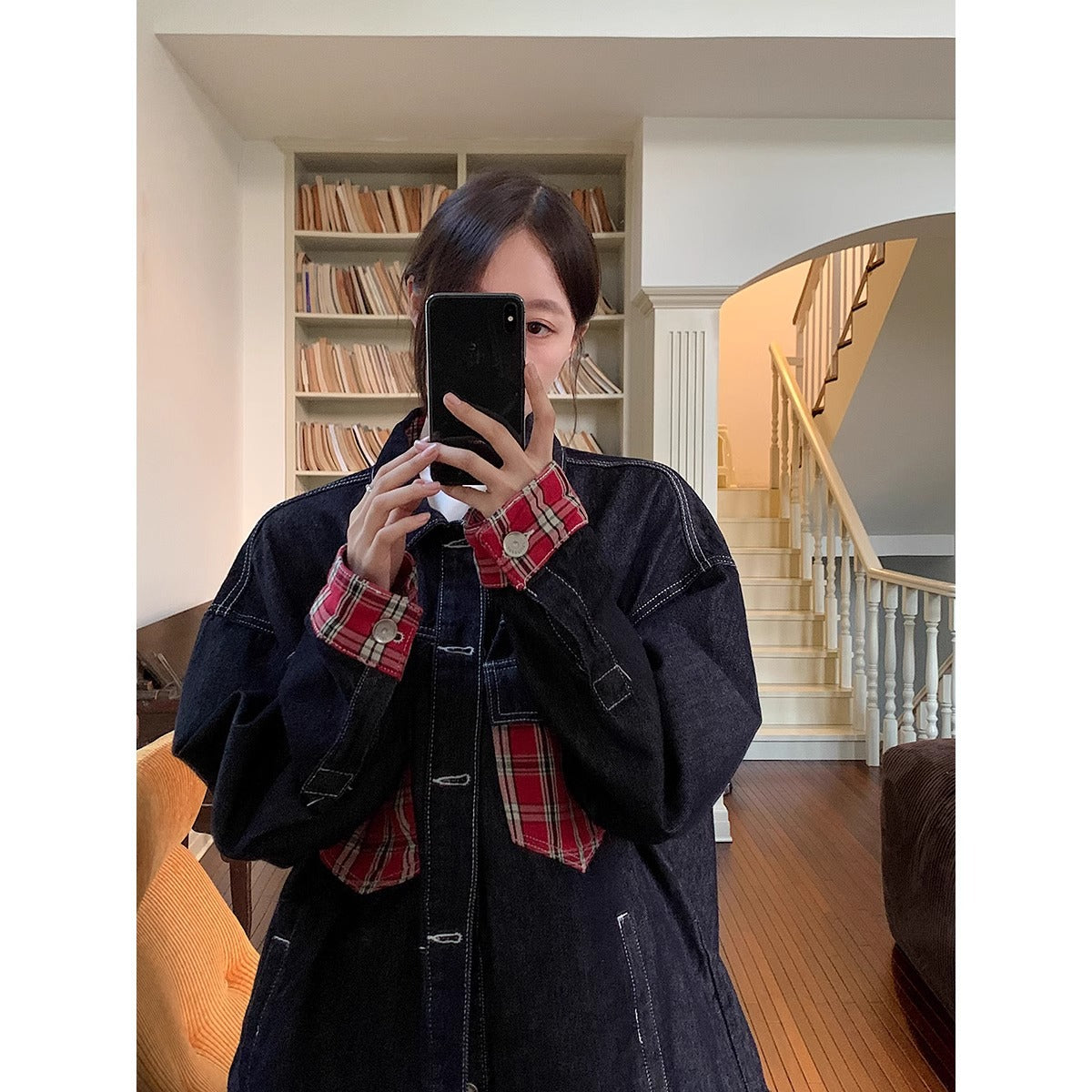 American plaid pocket patchwork denim jacket women's 2024 Spring and Autumn New loose leisure workwear jacket top