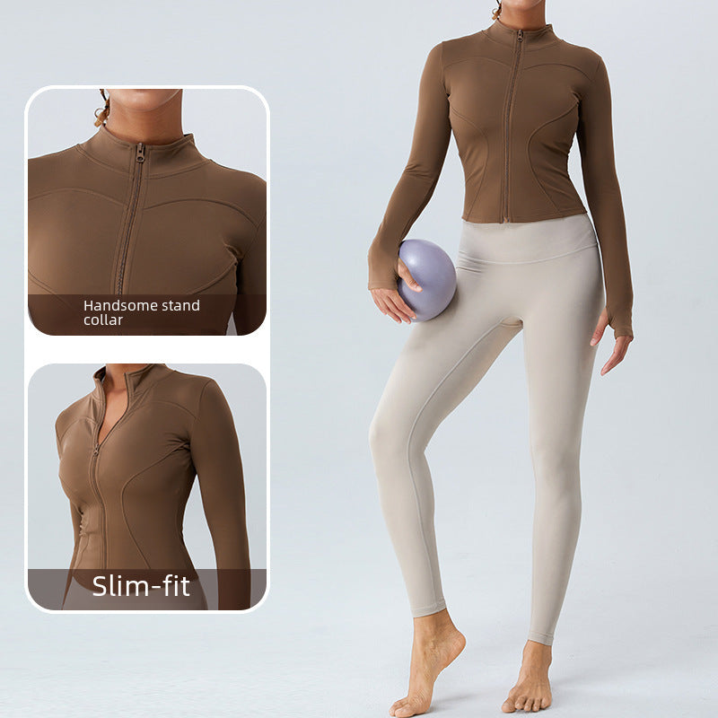 European and American autumn winter thermal velvet long-sleeved yoga jacket women's outdoor sports zipper yoga clothes Slim workout top