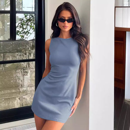 Cross-border solid color sleeveless waist-tight dress advanced sexy slimming hip-wrapped fashion short skirt Wish hot-selling item