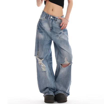 Retro washed distressed embroidered ripped straight jeans women's summer new American wide leg mop pants fashion