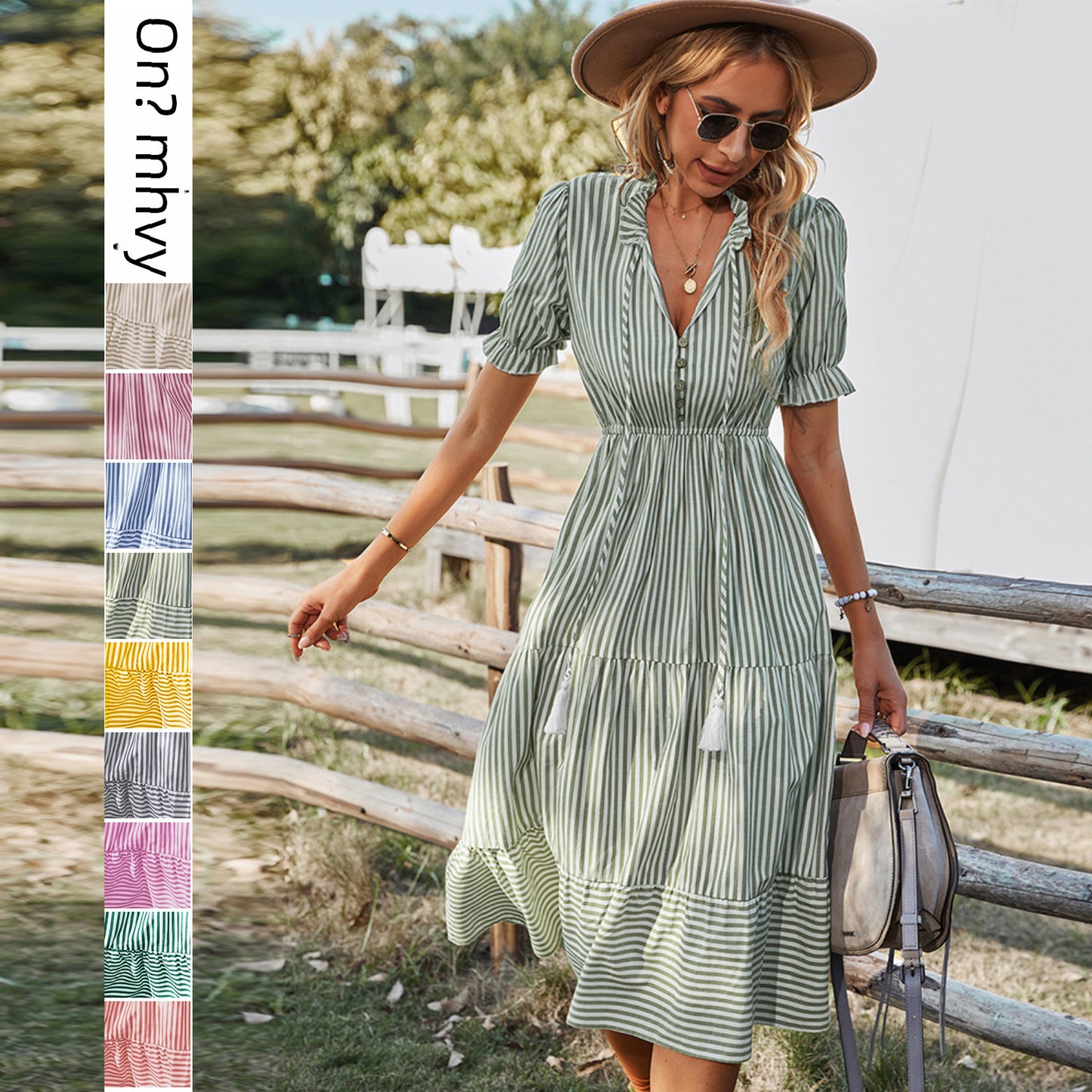 Self-developed design European and American fashion women's wear dress 2025 summer Amazon stripes dress temperament