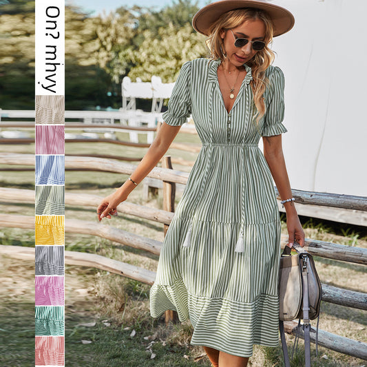 Self-developed design European and American fashion women's wear dress 2025 summer Amazon stripes dress temperament