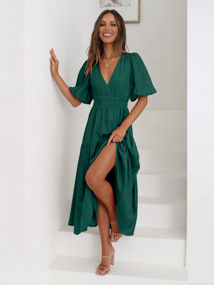 Amazon new dress high-grade long dress ruffled lantern sleeves V-neck holiday beach dress foreign trade women's clothing