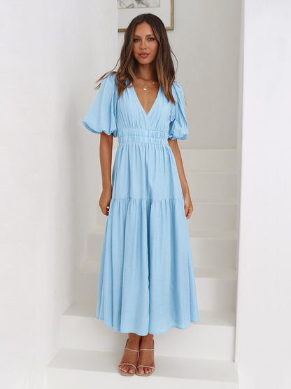 Amazon new dress high-grade long dress ruffled lantern sleeves V-neck holiday beach dress foreign trade women's clothing