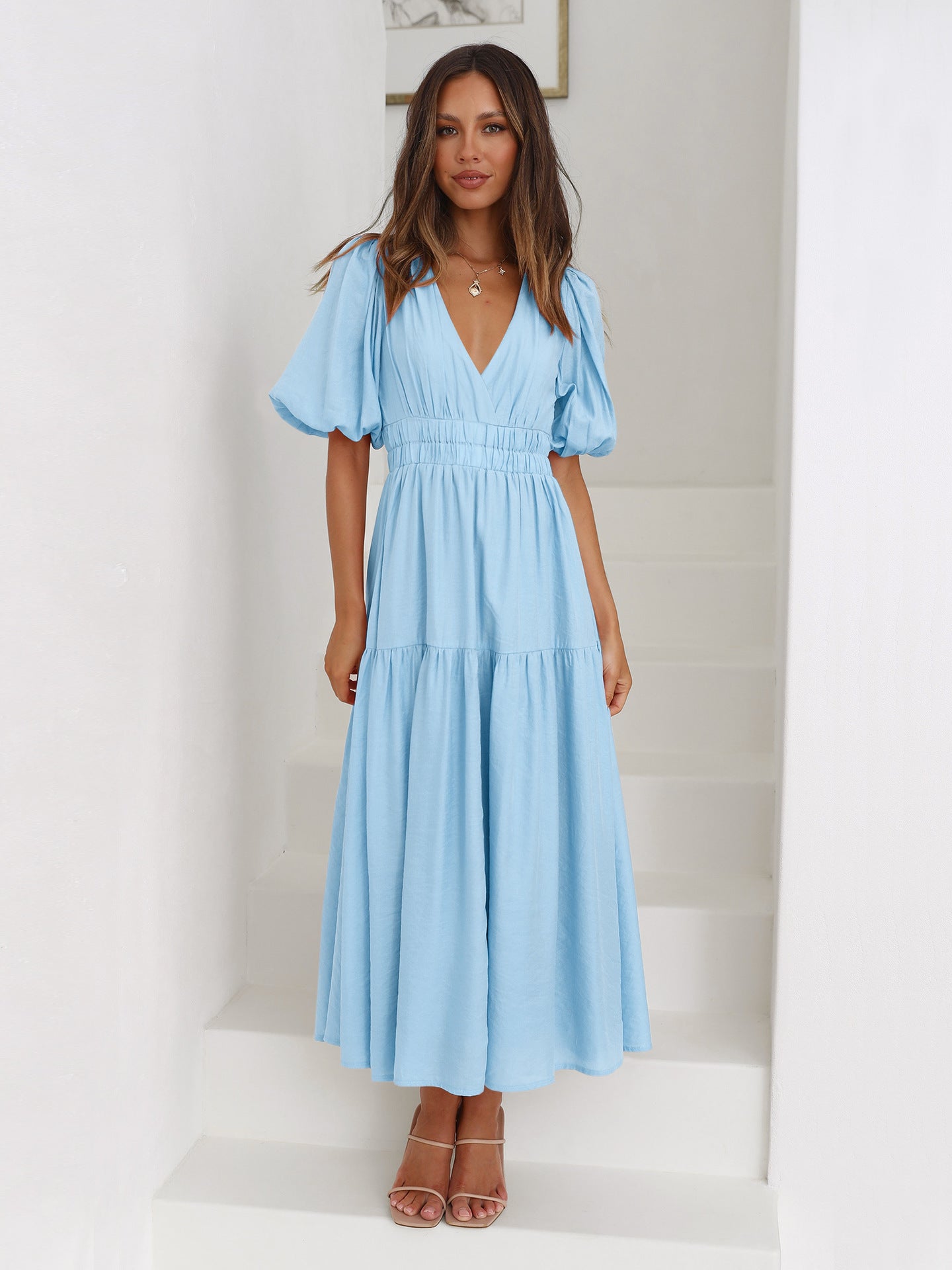Amazon new dress high-grade long dress ruffled lantern sleeves V-neck holiday beach dress foreign trade women's clothing