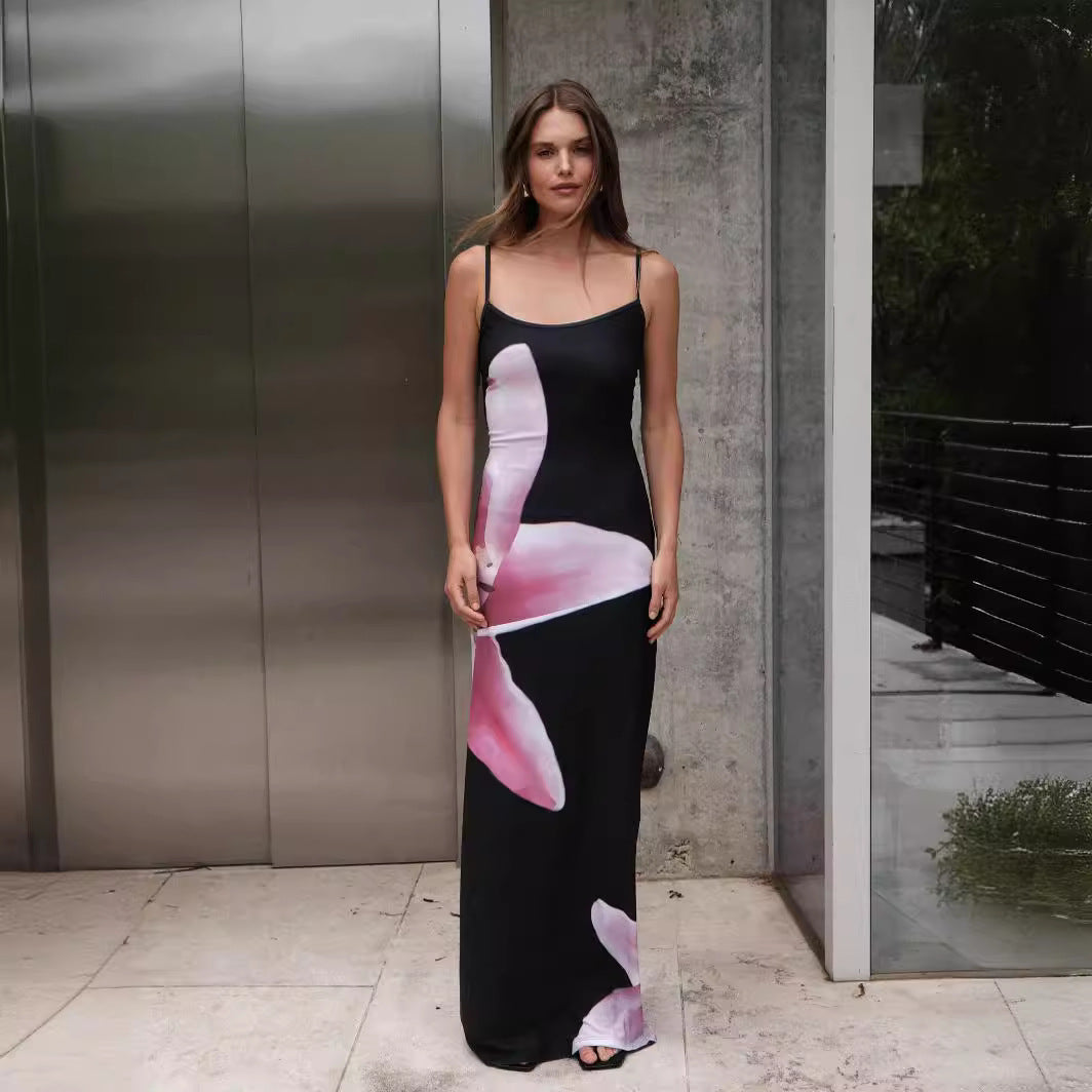 Foreign trade boutique summer sexy suspender skirt digital printing slim high waist sheath fashion beach travel dress